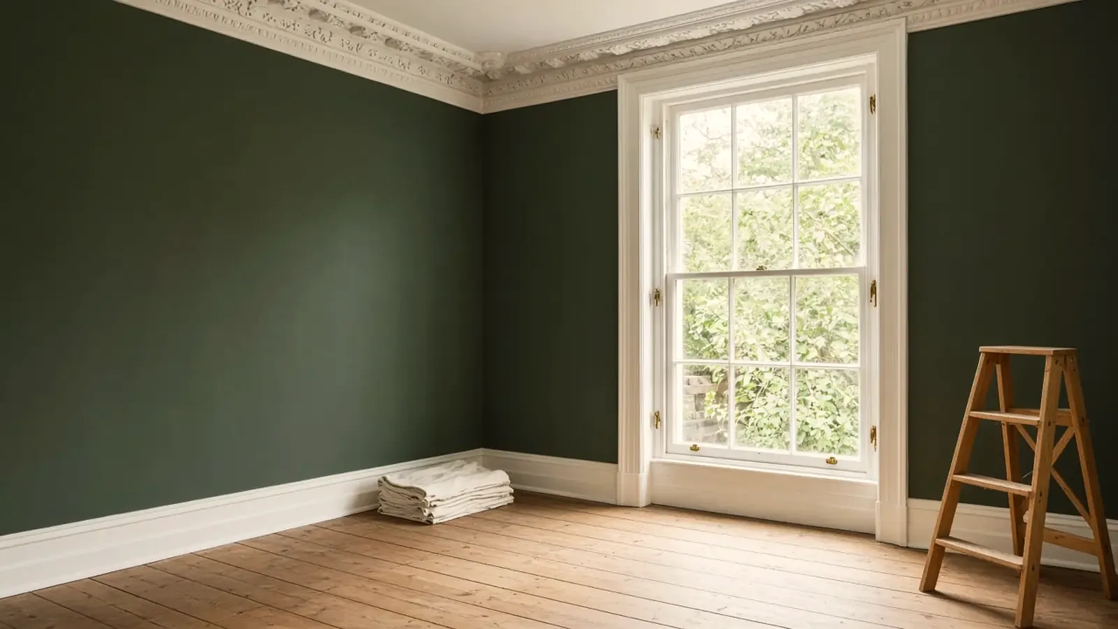 Empty Victorian drawing room repainted in deep green with a white plaster cornice, tall box-sash window and oak floorboards