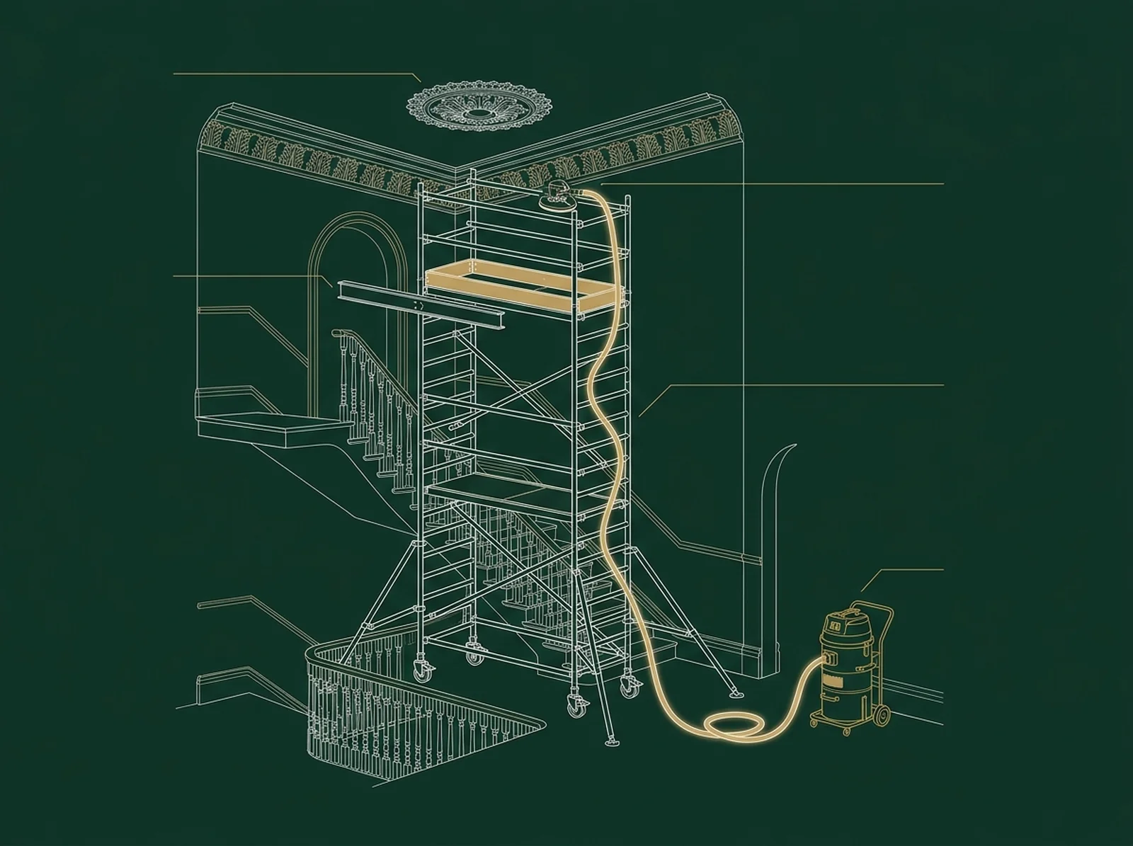 Cutaway drawing of a three-storey Victorian stairwell: a mobile alloy scaffold tower stands in the well with bridge beams to the top landing and a working deck under the ornate cornice, while a brass-gold antistatic hose runs from the ceiling sander down to an M-Class dust extractor in the hall