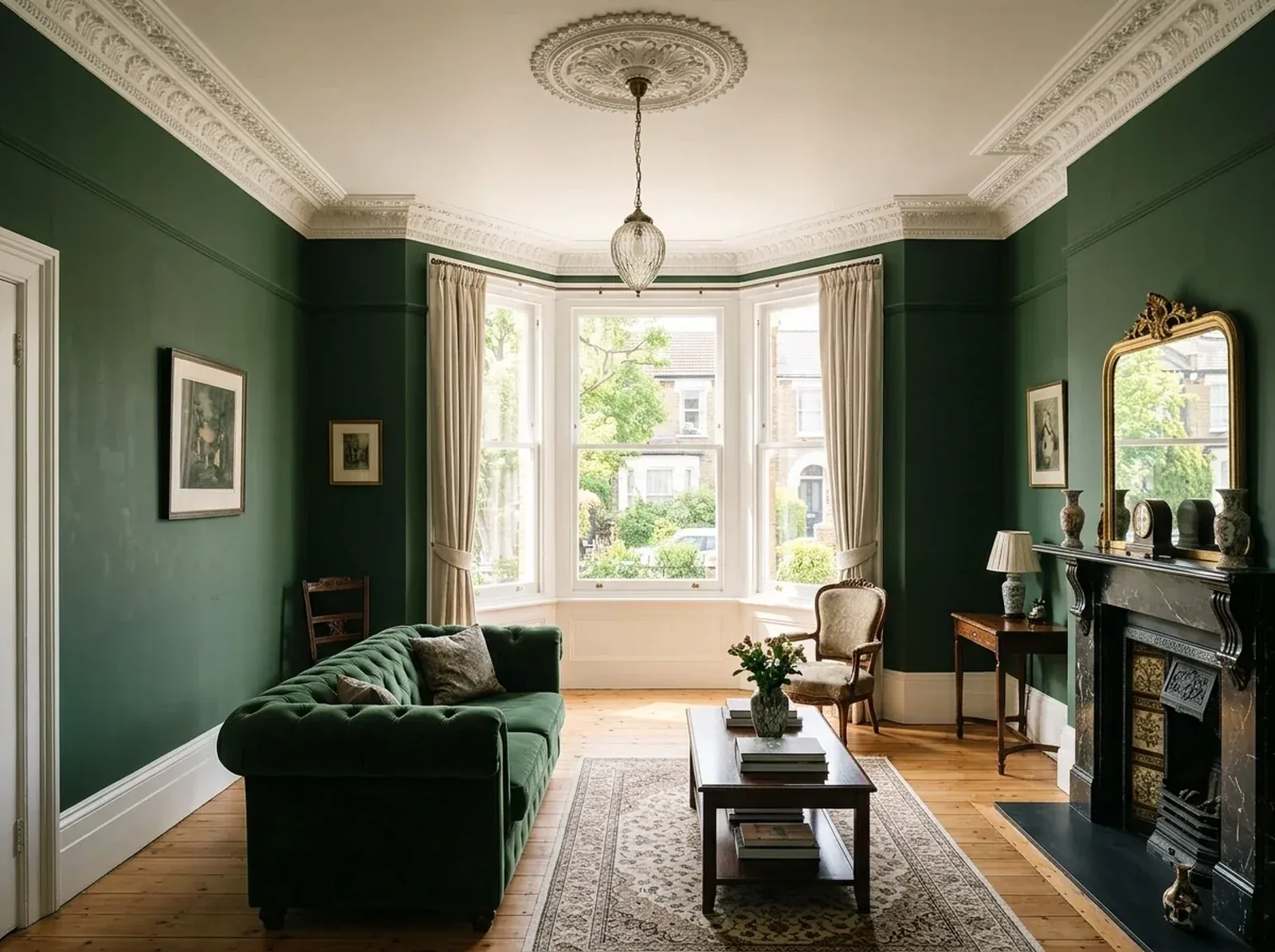 Finished Victorian bay drawing room on Osborne Road, Jesmond, in deep carriage green with restored box-sash windows