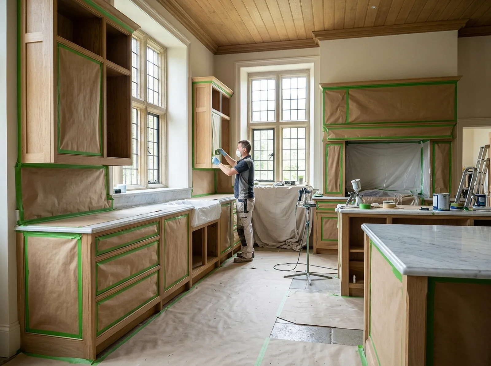 Built-in oak cabinetry and worktops masked with paper and green tape before on-site frame spraying