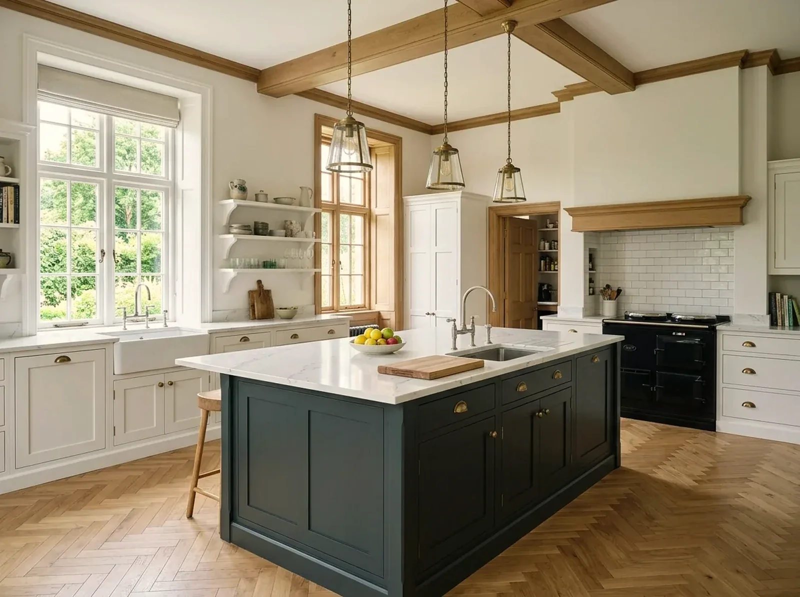 Bespoke dark-green Shaker kitchen island resprayed in 2K polyurethane beneath oak beams