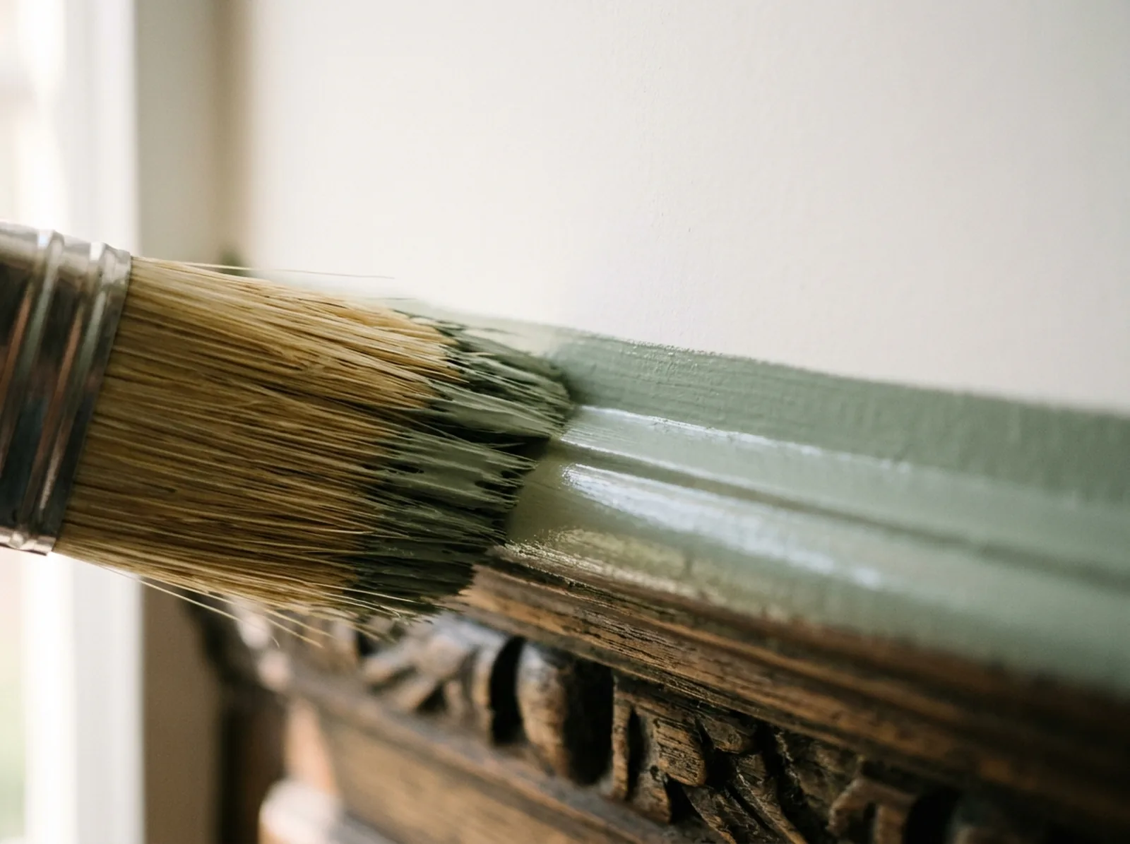 Close-up of a natural-bristle brush laying sage-green eggshell along a carved timber moulding