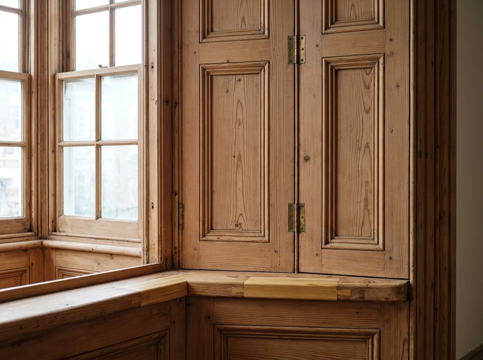 The same bay window stripped back to raw Baltic pine joinery and shutters before restoration