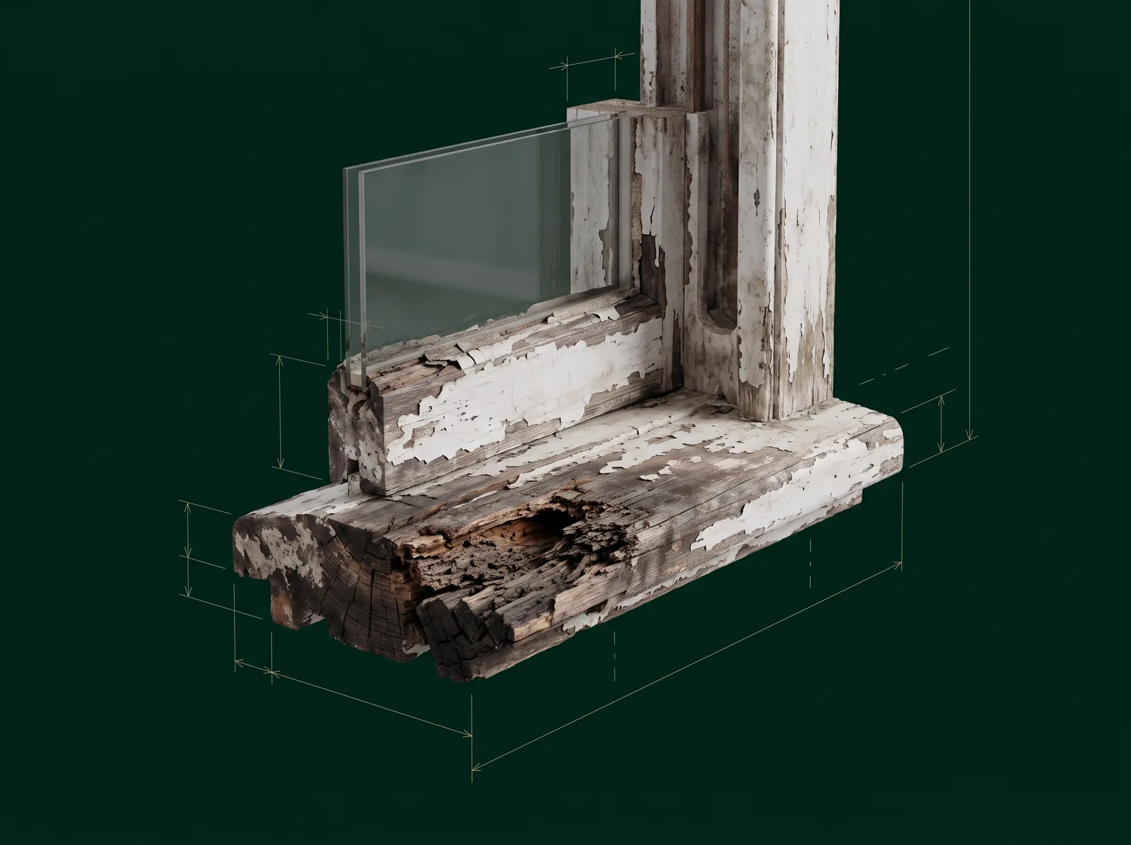 The same sash sill before restoration: wet rot hollowing out the front of the Baltic pine, split blackened end grain, flaking old paint and perished putty at the glass
