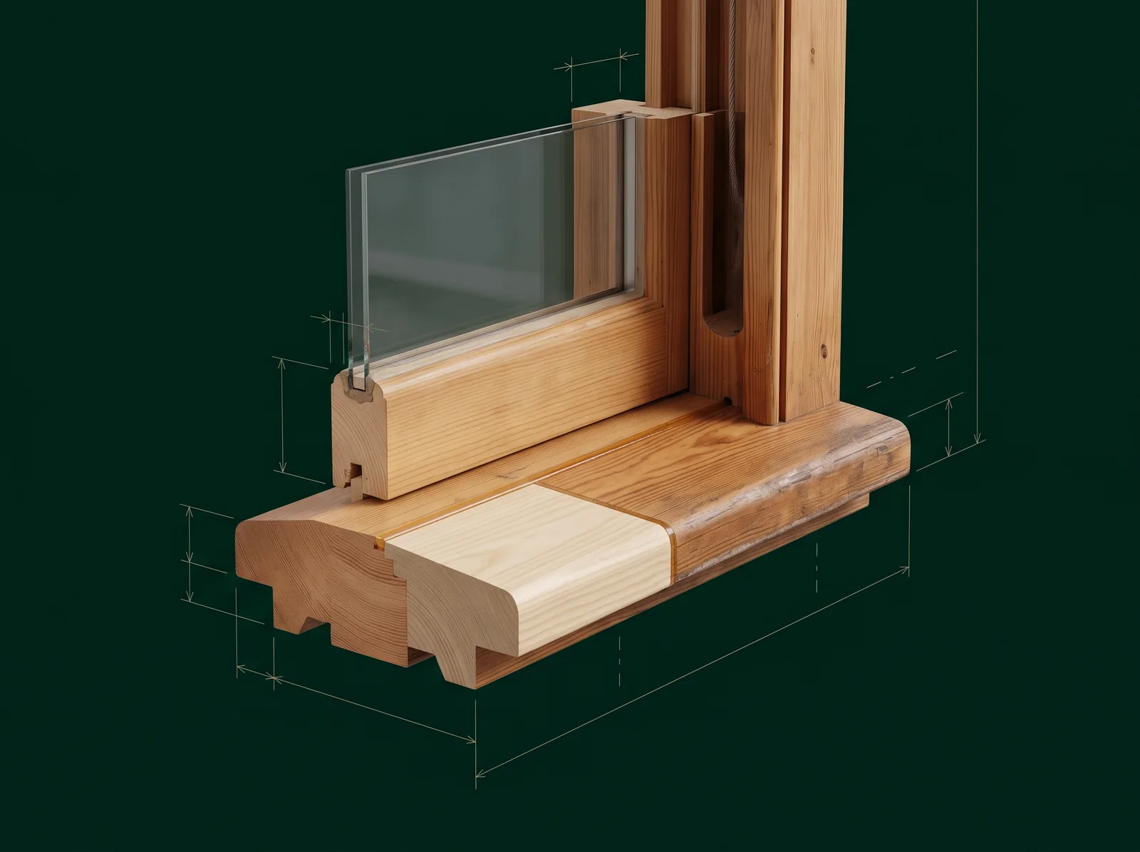 Cutaway of a restored Victorian box-sash sill: a pale Accoya hardwood splice let into the original Baltic pine and bonded with a fine amber line of flexible epoxy
