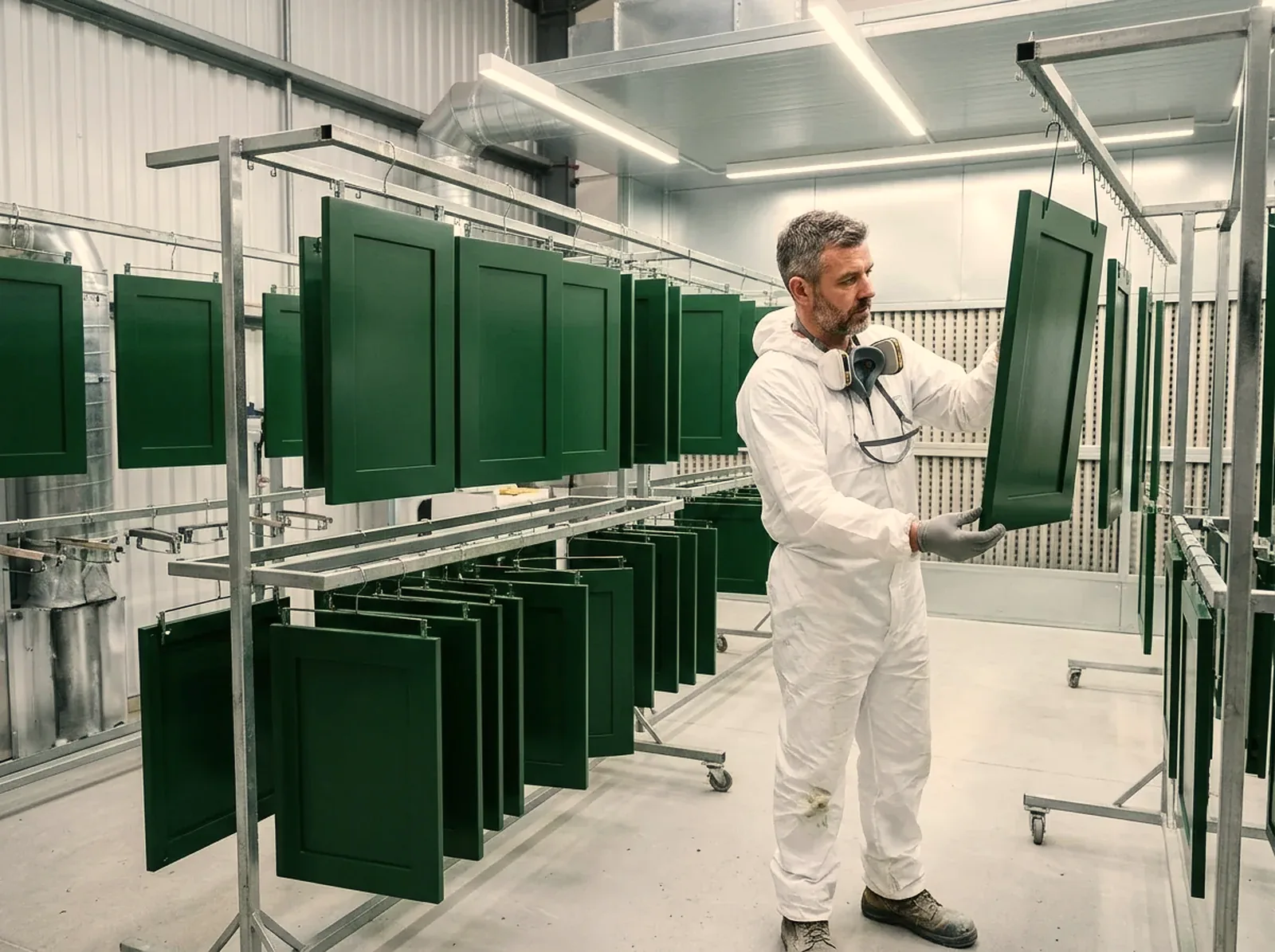 Spray finisher in a white protective suit lifting a freshly sprayed green Shaker door from the drying rack in the extraction booth